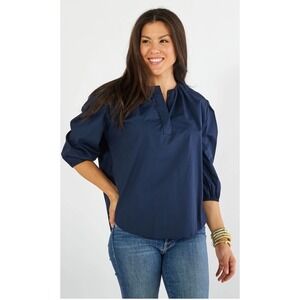 Caryn Lawn Women's Asher Top Navy 100% Cotton‎ Poplin Puff Sleeve One Size